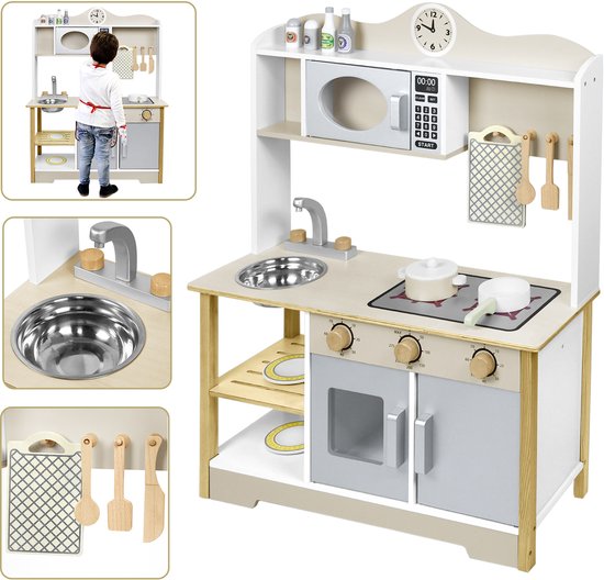 Kinderkeuken van Hout – 85 cm Hoog – Speelkeuken met Accessoires – Realistische Houten Speelgoedkeuken voor Kinderen – Gele Speelkeuken met Oven & Wasbak