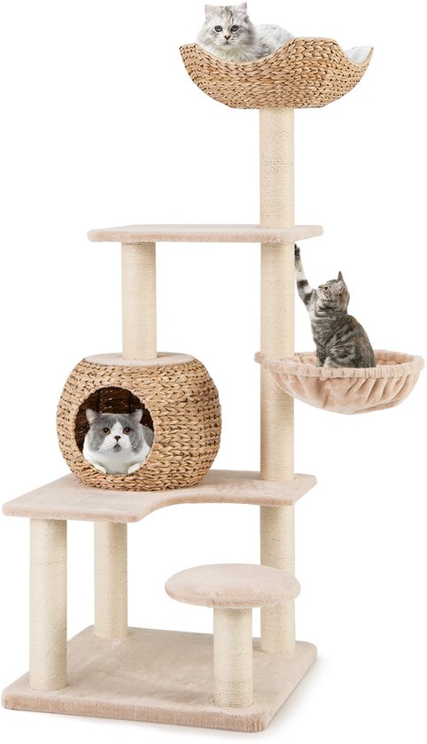 COSTWAY Krabpaal – 150 Cm, Met Hangmat, Mand, Platforms En Sisalpalen, Tot 10 Kg Per Laag