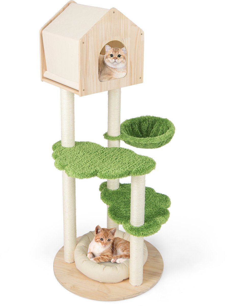 COSTWAY 139 cm krabpaal van hout, kattenkrabpaal met kattenhuis & hangmat & wasbaar kattenbed, kattenboom, kattensisal, activiteitsboom, klimboom, kattenmeubel, kittens, groen