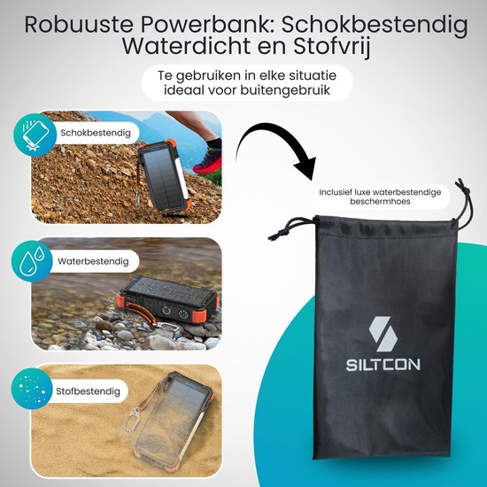 Zwarte en oranje powerbank die schok-, water- en stofbestendig is, met oranje gestikte randen en een beschermhoes.