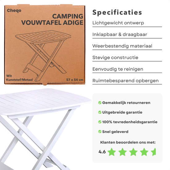 Cheqo® Camping Vouwtafel - Inklapbare Tafel voor Camping - Balkontafel - Klaptafel - Tuintafel Inklapbaar - Lichtgewicht Kunststof - Wit - Ideaal voor Tuin van Merkloos — afbeelding 3