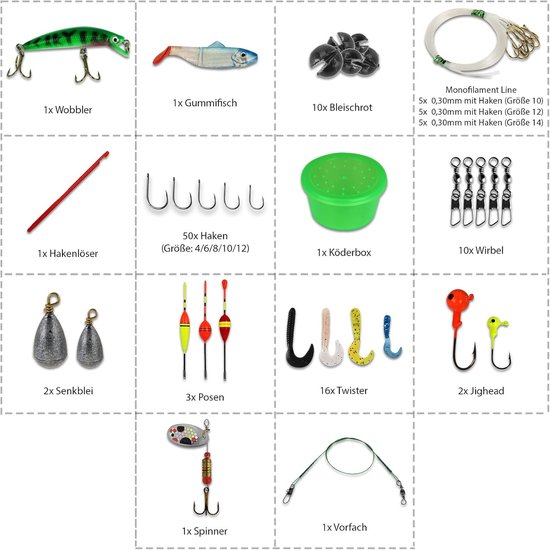 Set de pêche XQMax - Mallette de 115 pièces - Matériel de pêche - Leurres - La pêche - Flotteurs - Accessoires de vêtements pour bébé de pêche - Pour petits et grands