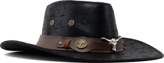KIMU Cowboyhoed Zwart Leer Stier - Zwarte Leren Leatherlook Cowboy Western Hoed Stierenkop Dames Heren - Cowgirl Zilveren Bull Carnaval