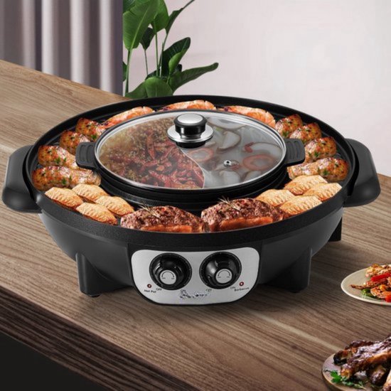Grillplaat 2 in 1 - Elektrisch - Bakplaat - BBQ - Hot Pot - Multifunctioneel - Aluminium & Gehard Glas — afbeelding 4