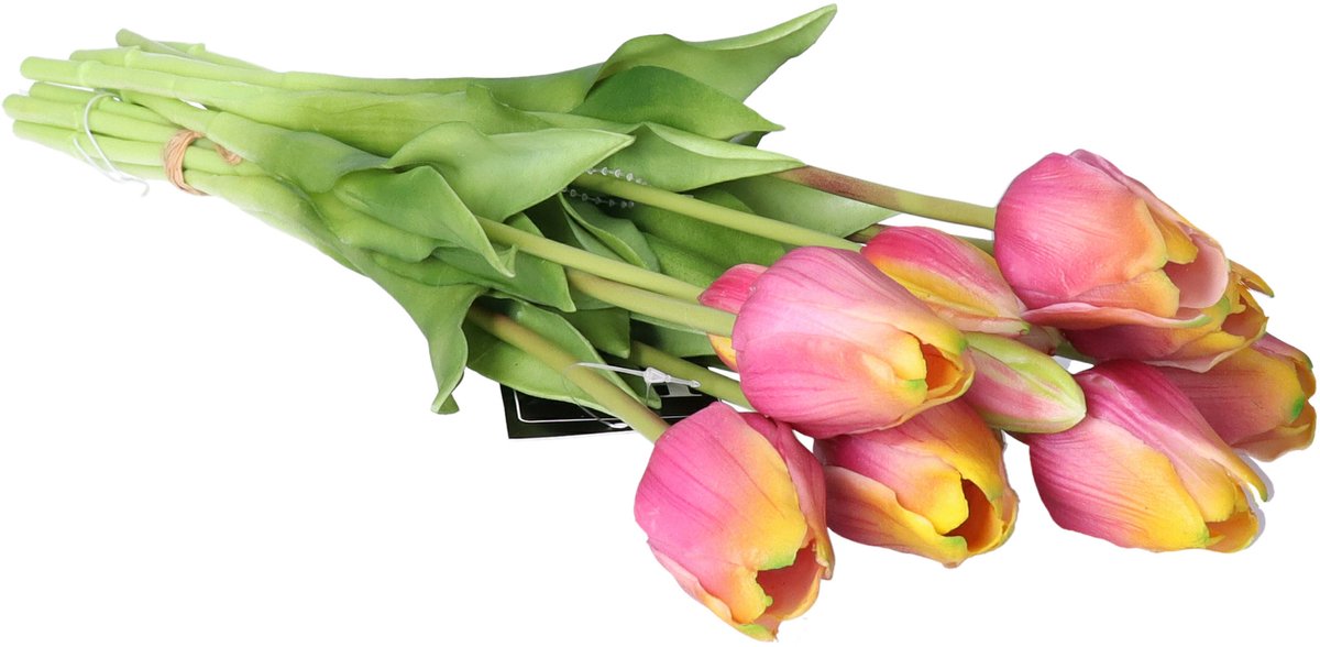 Bellatio Design Kunst tulpen boeket Sally - 7x stuks - paars - real touch - 47 cm