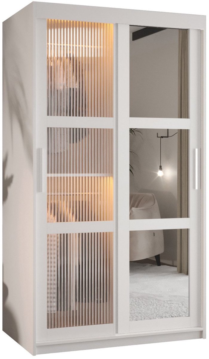 AJE Meubles B.V. Zweefdeurkast Kledingkast met 2 schuifdeuren glanzen slaapkamerkast Kledingstang met planken Garderobekast met geribbeld glas - ARTON 2 (100 cm, Wit) met lades