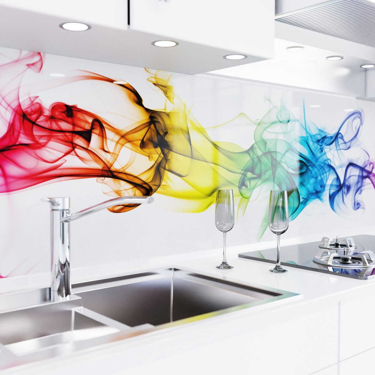 Keuken achterwand zelfklevend – Glaslook – Spatscherm keuken – Verstevigde PET folie – Spatwand fornuis – Muurbeschermer – 0,80 mm - Kleurige rook - 220 cm x 60 cm