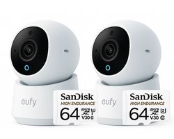 eufy Security Indoor camera E30 2 stuks bundel Indoor Cam - 4K UHD – Pan & Tilt – AI Mens- en Huisdierdetectie – Kleurennachtzicht – Tweewegcommunicatie – Lokale Opslag + SanDisk High Endurance MicroSD Card 64GB, Tot 5.000 uur Opnemen, Full HD En 4K
