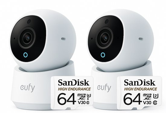 eufy Security Indoor camera E30 2 stuks bundel Indoor Cam - 4K UHD – Pan & Tilt – AI Mens- en Huisdierdetectie – Kleurennachtzicht – Tweewegcommunicatie – Lokale Opslag + SanDisk High Endurance MicroSD Card 64GB, Tot 5.000 uur Opnemen, Full HD En 4K