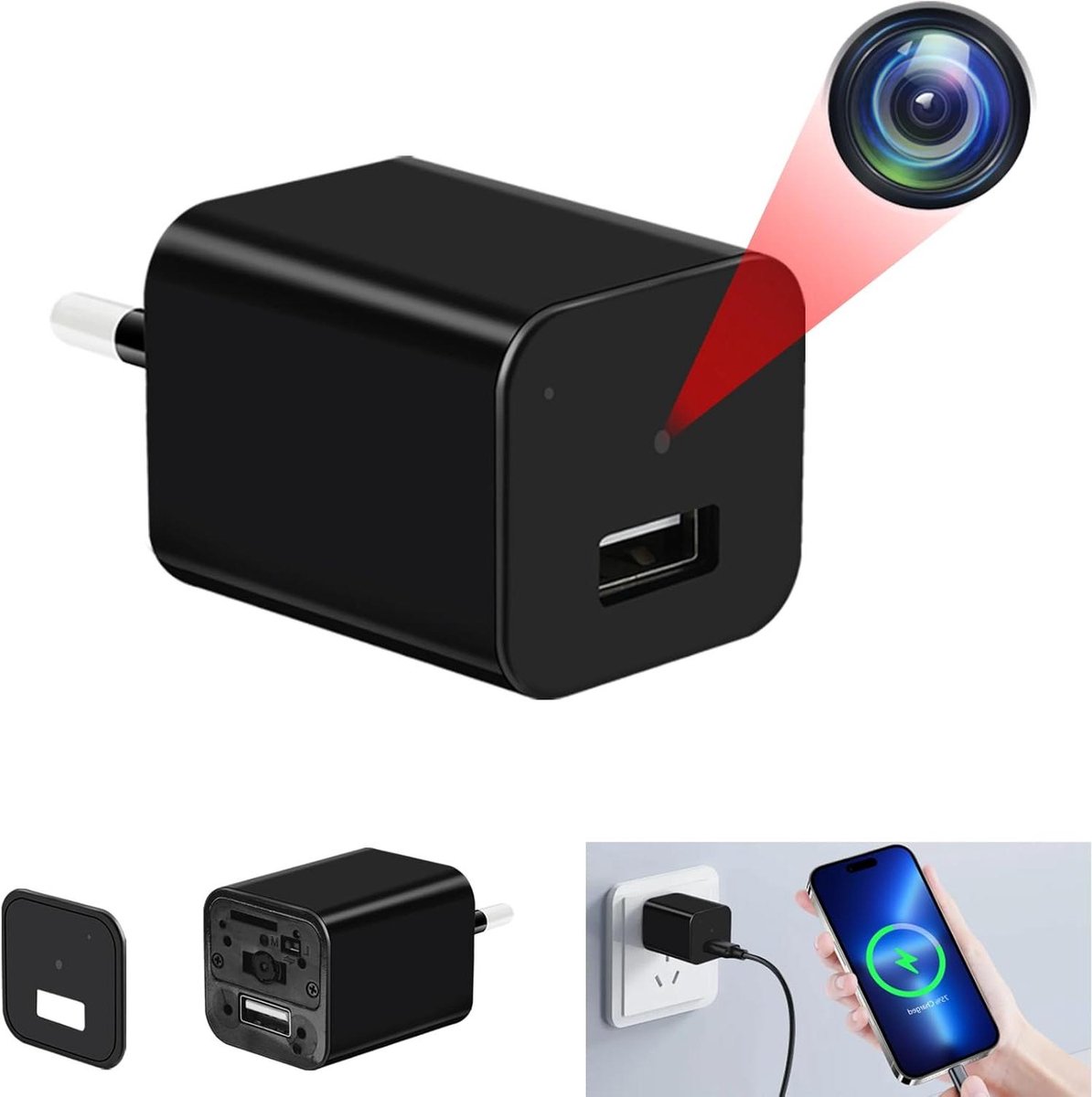 USB-oplader mini-verborgen spionagecamera met HD-video-opname 1080p, bewegingsdetectie en loop-opname