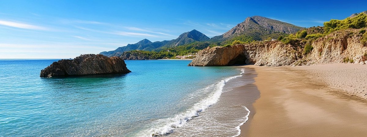 Tuinposter Spanje Strand - Natuur Tuinposters voor Buiten - Tuin decoratie - 610 gram PVC - Weerbestendig Tuindoek - GW5589AZ - Formaat 120 x 45cm