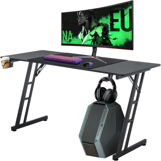 Aufun Zit Sta Bureau - Game Bureau - Incl. Headsethouder, koolstofvezelcoating, bekerhouder - 160 x 60 cm - Zwart