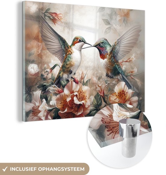 MuchoWow® Glasschilderij 120x90 cm - Schilderij acrylglas - Kolibrie - Vogels - Bloemen - Natuur - Foto op glas - Schilderijen