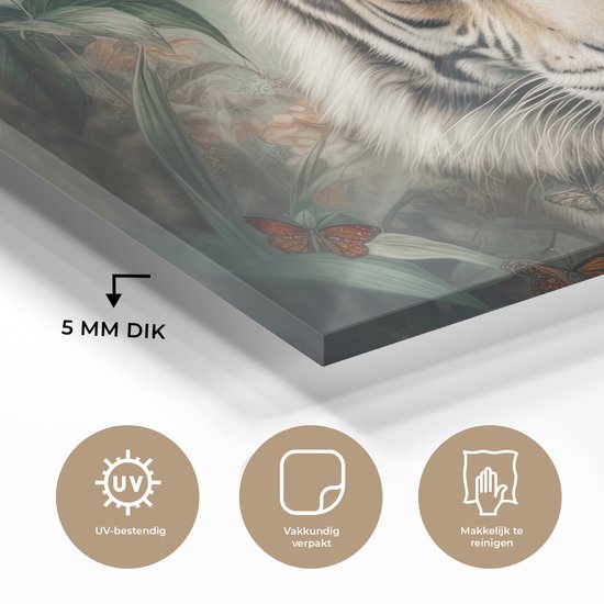 Peinture sur verre - Tigre - Fleurs - Blinder - Animaux - Nature - Plaque de verre - Photo sur verre - Peintures sur verre salon - Peinture sur verre - 120x80 cm - Décoration murale - Décoration murale - Chambre - Décoration de chambre