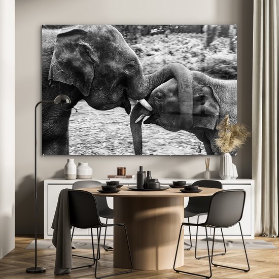 MuchoWow® Peinture sur verre 180x120 cm - Peinture sur verre acrylique - Éléphant - Animaux - Nature - Zwart et blanc - Photo sur verre - Peintures