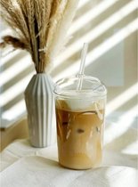 IJskoffieglazen met glazen deksel en glazen rietje, 450 ml, herbruikbare ijskoffiebeker, transparante drinkbeker met deksel en rietje voor koude dranken, ijskoffie, transparant