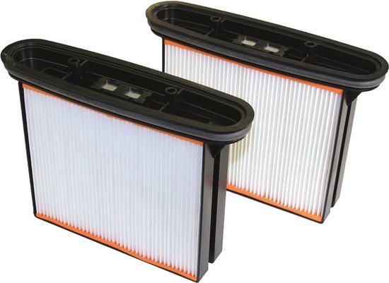 Twee witte plooifilters met oranje randen en zwarte frames, op een witte achtergrond.