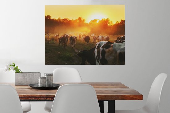 Tableau toile vache - Vache - Animaux - Nature - Coucher de soleil - Arbres - 80x60 cm - Toile - Décoration murale