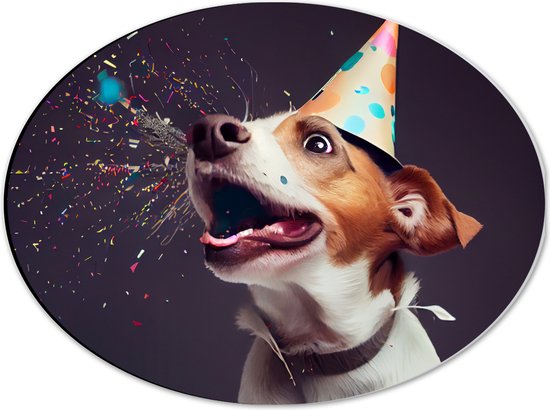 Dibond Ovaal - Jarige Hond met Feesthoed en Confetti - 40x30 cm Foto op Ovaal (Met Ophangsysteem)