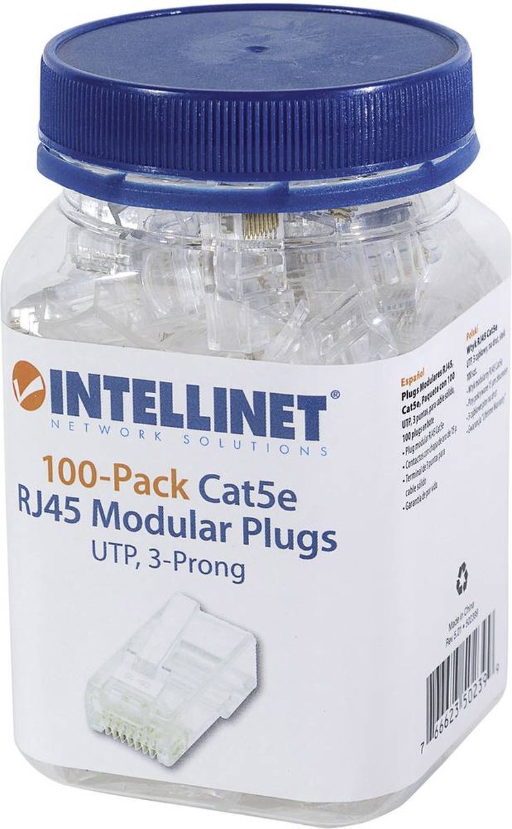 Intellinet 502399 Intellinet pak 100 stuks Cat5e RJ45 modulaire stekker UTP 3-punts ader koppeling voor massieve draad
