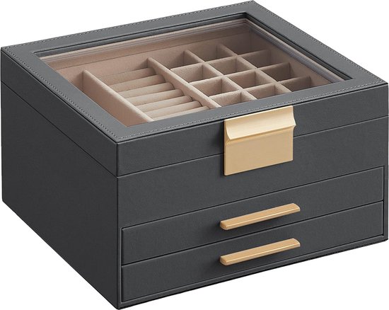 SONGMICS sieradendoos, 6 niveaus, met glazen deksel, 5 laden, sieradenopslag, opbergruimte, modern, cadeau-idee, 20,3 x 23,1 x 22,8 cm, wolk witgoud JBC176W01 SONGMICS sieradendoos, 6 niveaus, met glazen deksel, 5 laden, sieradenopslag, opbergruimte, modern, cadeau-idee, 20,3 x 23,1 x 22,8 cm, wolk witgoud JBC176W01