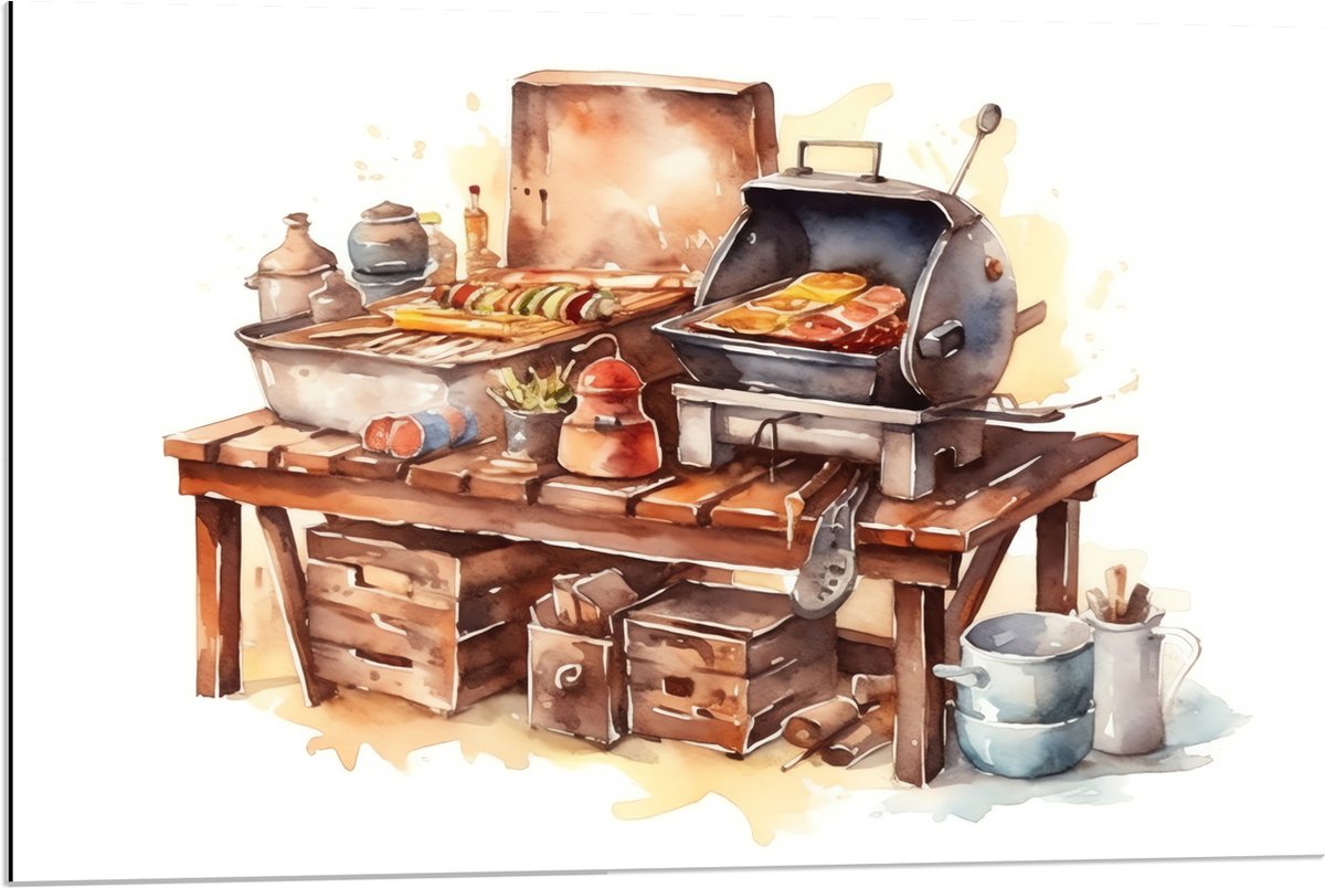 Dibond - Waterverf Tekening met Barbecue en Eten - 90x60 cm Foto op Aluminium (Met Ophangs
