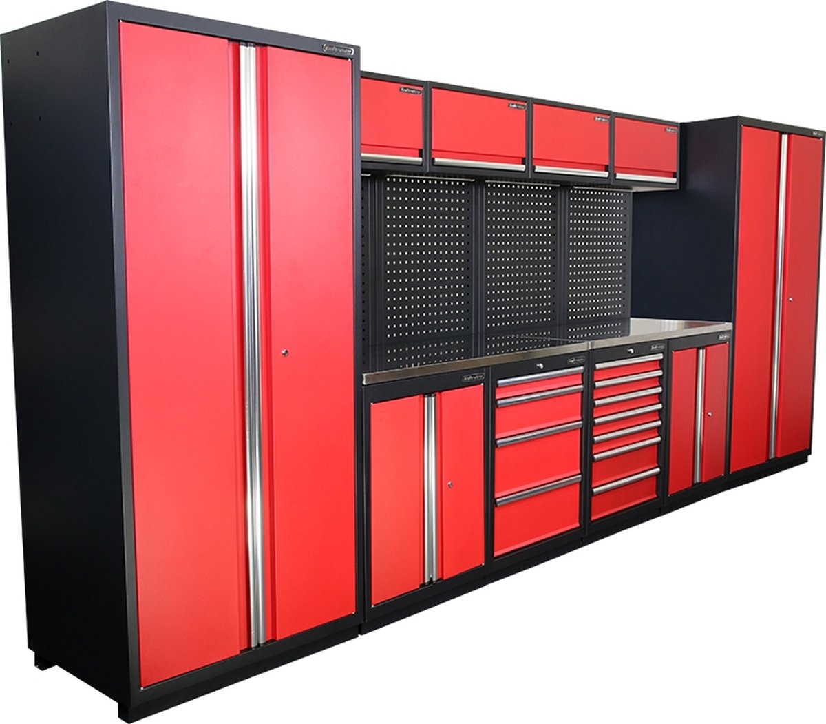 Kraftmeister werkplaatsinrichting - Werkbank met 4 wandkasten, 2 werkplaatskasten en RVS werkblad - Werktafel met 11 laden, 2 opbergkasten en gereedschapswand - Complete set voor werkplaats of garage - Rood