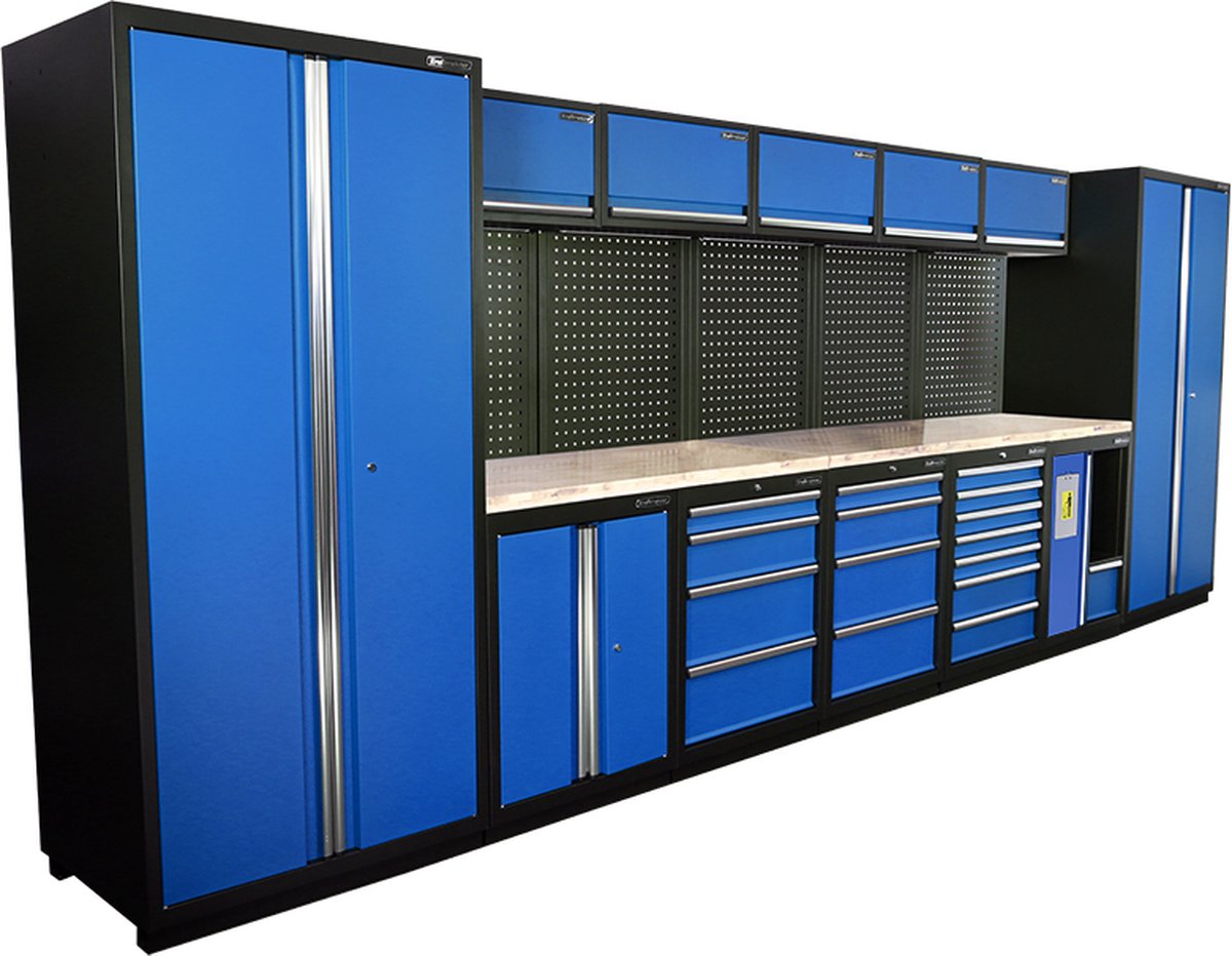 Kraftmeister werkplaatsinrichting - Werkbank met 5 wandkasten, 2 werkplaatskasten en eiken werkblad - Werktafel met 15 laden, 1 opbergkast, 1 prullenbak en gereedschapswand - Complete set voor werkplaats of garage - Blauw