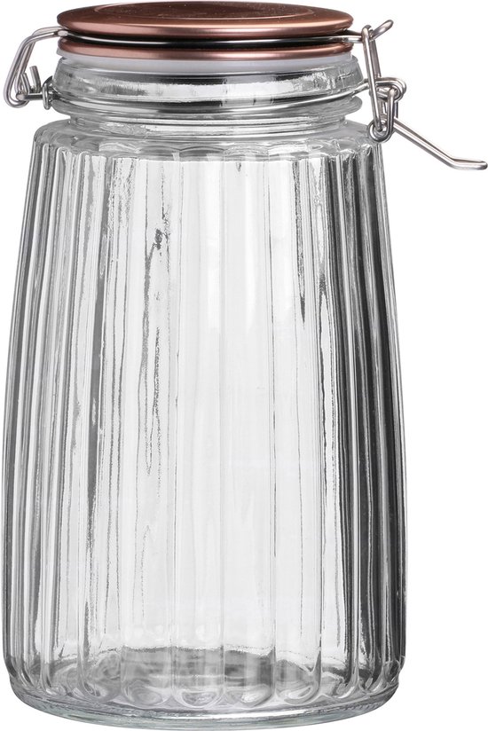 Bocal de stockage en verre de 1,8 litre avec nervures verticales et couvercle couleur cuivre avec fermeture à levier.