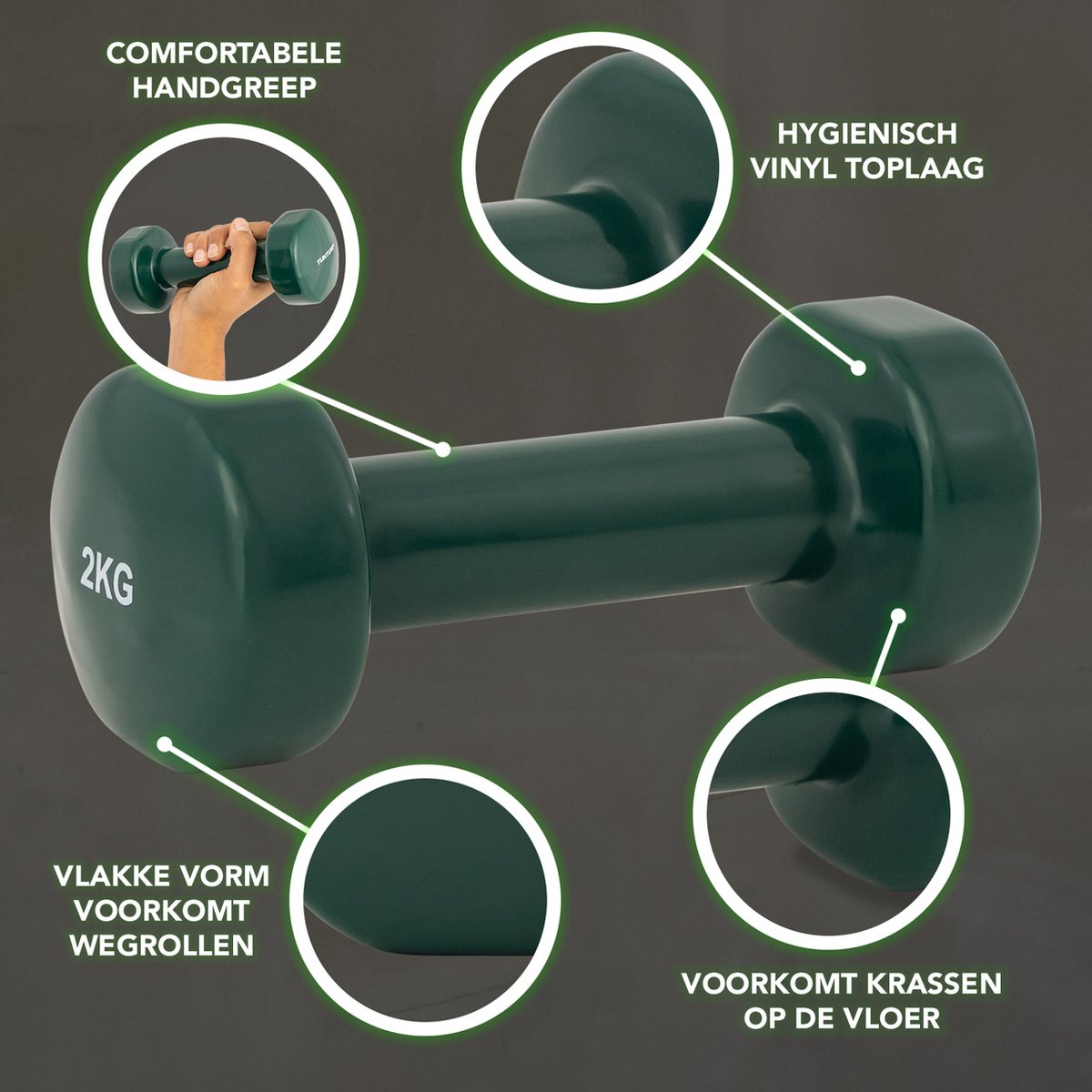 Tunturi Dumbbell set - 2 x 2,0 kg - Vinyl - Groen - incl. gratis fitness app – foto 6