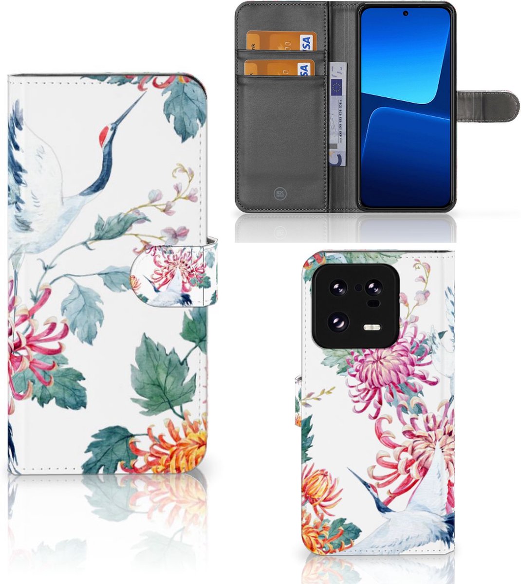 Xiaomi 13 Pro Telefoonhoesje met Pasjes Bird Flowers