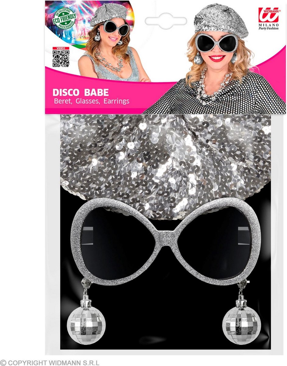 Set Disco femme argent (béret, lunettes, boucles d'oreilles boules