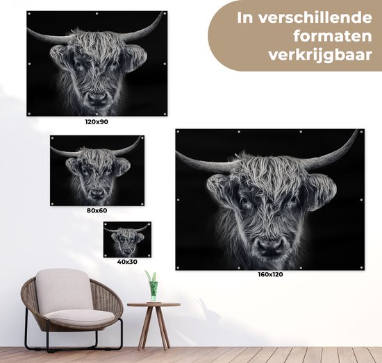 Affiche de jardin Highlander écossais - Zwart - Vache - Animaux - 130x90 cm - Décoration murale extérieure - Affiche de jardin - Toile de jardin - Affiche de clôture - Peinture de jardin