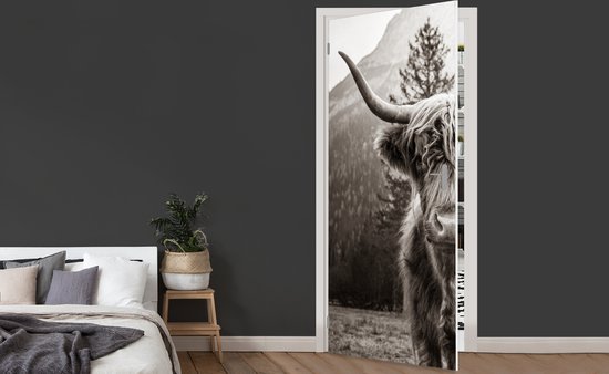 Sticker pour porte Highlander écossais - Taureau - Zwart - Wit - 80x205 cm - Affiche de porte