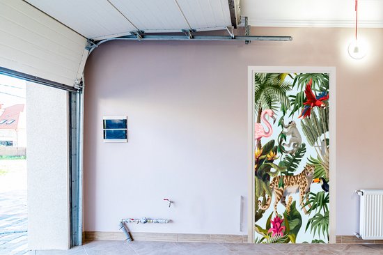 Sticker de porte Jungle - Animaux - Filles - Enfants - Garçons - Flamingo - Perroquet - 80x205 cm - Poster de porte
