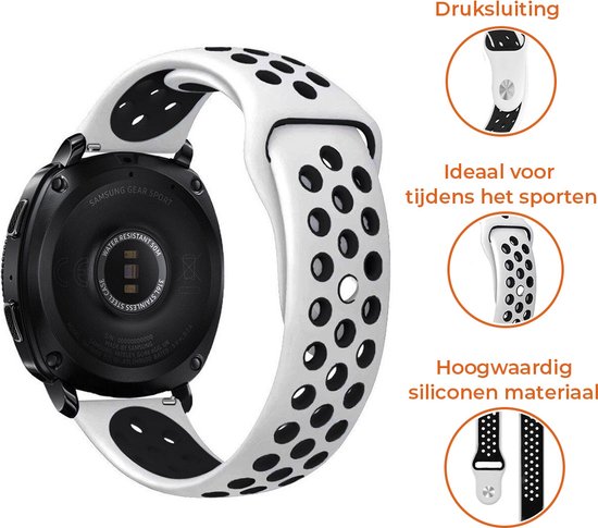 Bracelet Strap-it Smartwatch 20mm - bracelet sport adapté pour Samsung Galaxy Watch 42mm / Active / Active2 - 40 & 44mm / Galaxy Watch 3 41mm / Galaxy Watch 4 - Classic - Amazfit GTS / GTS 2 / 3 / Bip - blanc/noir