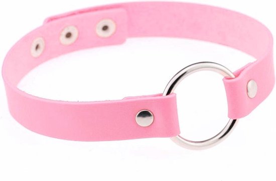 KIMU Choker Lichtroze Ring - Pu Leer Collar Ketting Halsband Roze Sexy Festival