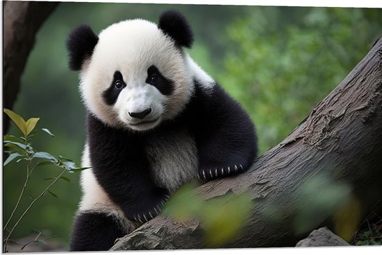 Dibond - Aankijkende Panda op Boomstam in het Bos - 90x60 cm Foto op Aluminium (Met Ophangsysteem)