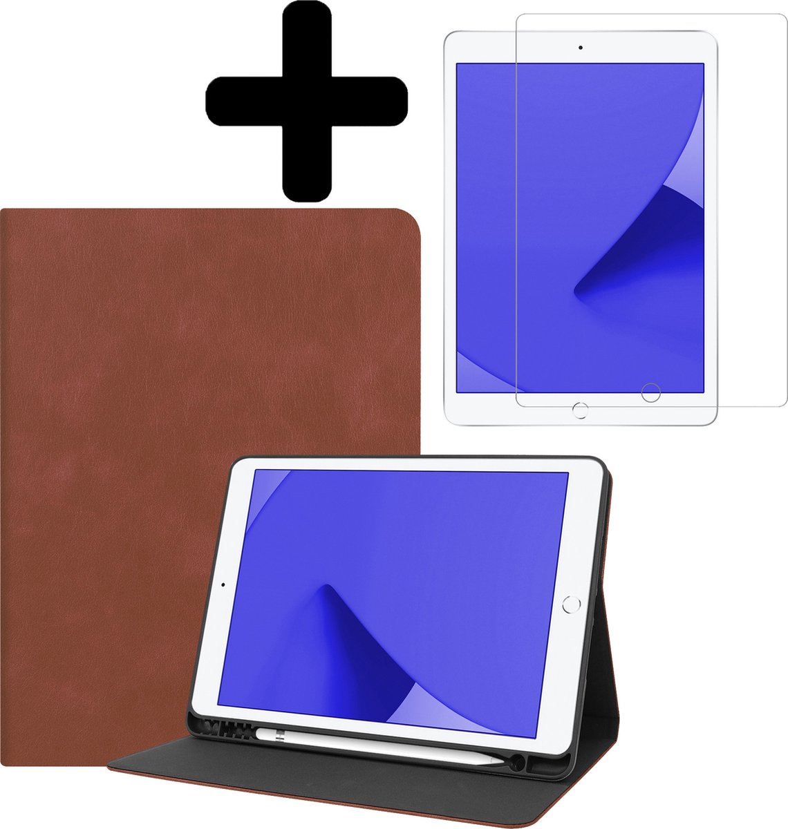 Hoes - Geschikt voor Apple iPad 9 (2021) - 10.2 inch - 9e Generatie - Met Screenprotector - Luxe Bookcase - Hard Cover Case - Met Uitsparing Geschikt voor Apple Pencil - Hardcover Book Tablet Hoesje - Bruin