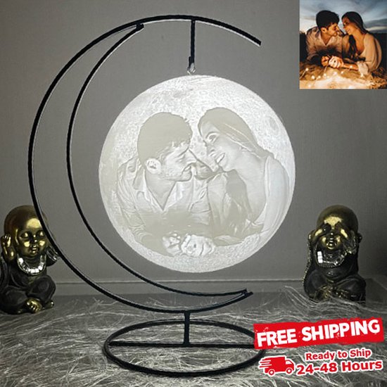 Lampe lunaire 3D personnalisée avec support suspendu - 15 cm - 16 couleurs avec télécommande - Comprend un support en fer noir - Lampe de table - Lueur de lune - Cadeau - Fête des mères - Fête des pères - Saint-Valentin