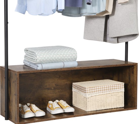 Happyment Kledingrek Kola - Met opbergruimte - Vintage 2 in 1 - Garderobekast organizer schoenenrek - Garderoberek - Opbergruimte - Kledingkast hout - Bruin