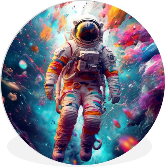 WallCircle - Wandcirkel ruimte - Neon - Astronaut - Wanddecoratie woonkamer - Muurcirkel binnen - Wandbord rond - Ronde schilderijen - ⌀ 90 cm - Ronde muurdecoratie - Cirkel schilderij - Muurcirkels