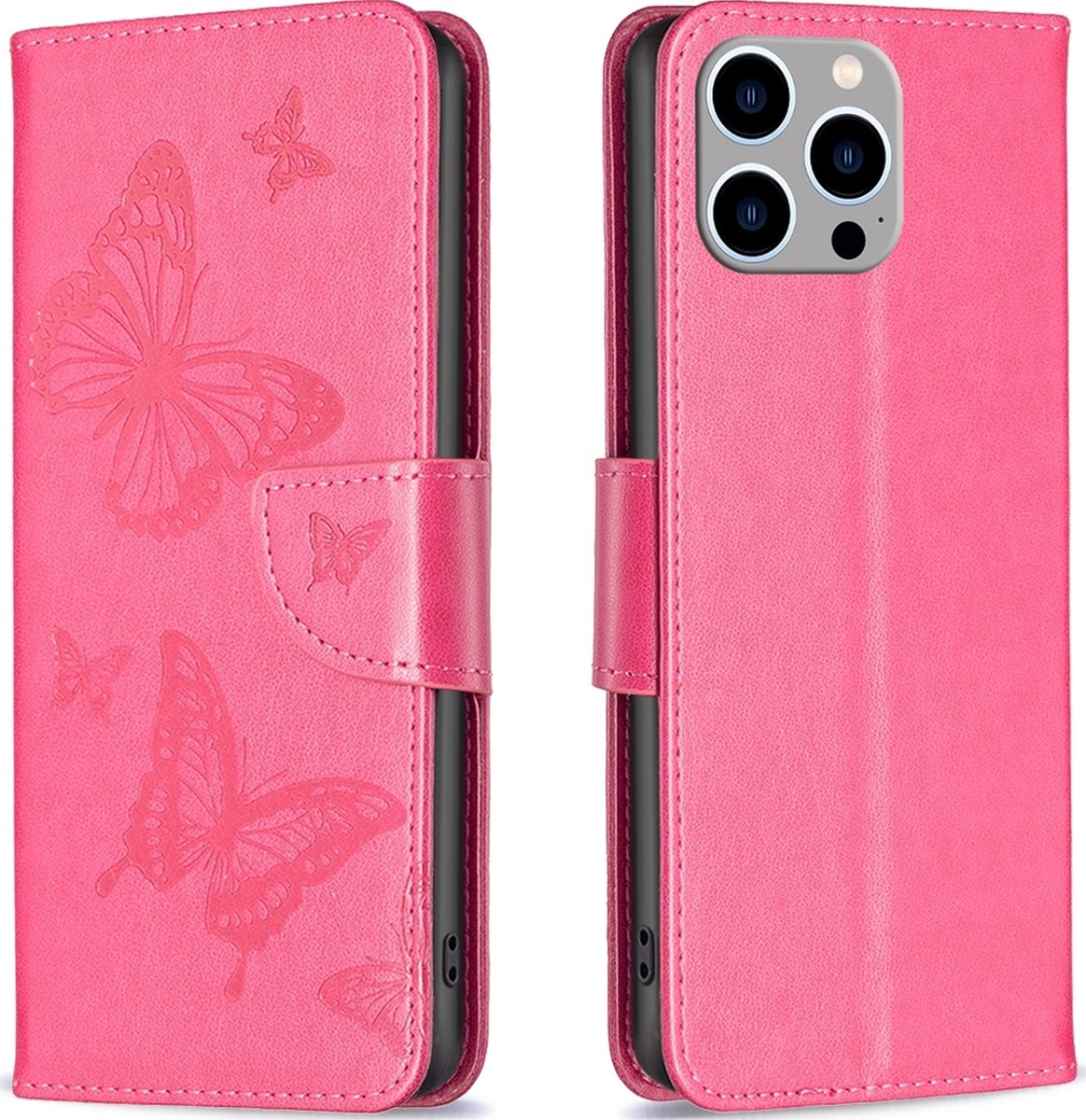Mobigear Telefoonhoesje geschikt voor Apple iPhone 15 Pro Max Hoesje | Mobigear Butterfly Bookcase Portemonnee | Pasjeshouder voor 3 Pasjes | Telefoonhoesje voor Pinpas / OV Kaart / Rijbewijs - Magenta