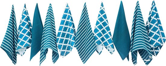 Set van 10 theedoeken 100% katoen - Zacht - Duurzaam - Elegant blauw design met meerdere motieven Afmetingen - 65 x 45 cm,Pak van 10,Lichtblauw
