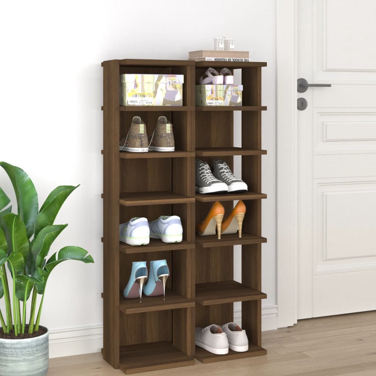 Bruine VidaXL Schoenenkasten 2 St 27-5x27x102 Cm Sonoma Eikenkleurig Schoenrek Schoenrekken Schoenenrek Schoenenrekken