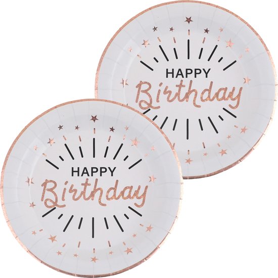 Verjaardag feest bordjes happy birthday - 20x - rose goud - karton - 22 cm - rond