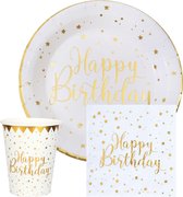 Verjaardag feest bekertjes/bordjes en servetten - happy birthday - 60x - wit
