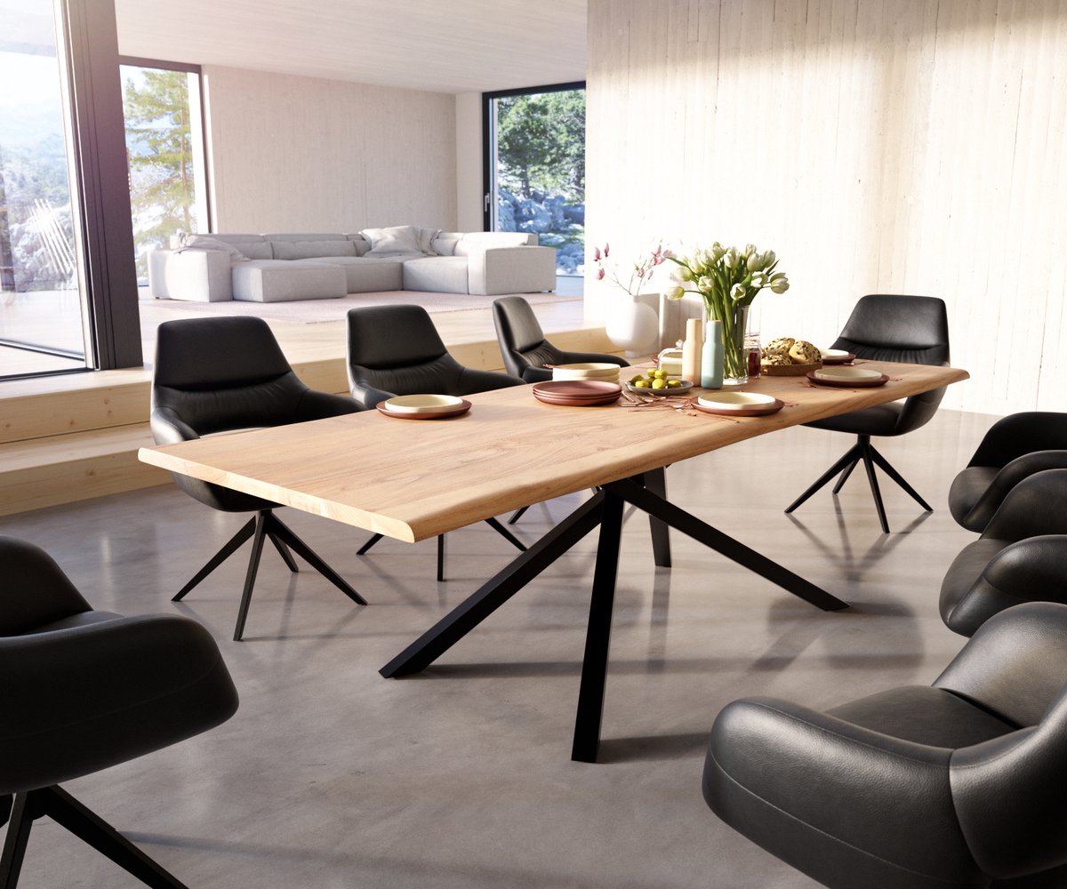 DELIFE Eettafel Edge acacia natuur 260x100 kruisframe rechthoek zwart Live-Edge eettafel Bruin