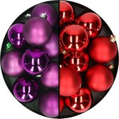 Kerstballen 24x st - mix kerst rood/paars - 6 cm - kunststof - kerstversiering