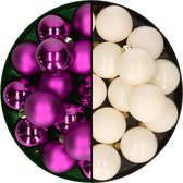 Decoris - kerstballen 32x st - mix wol wit/paars - 4 cm - kunststof - kerstversiering